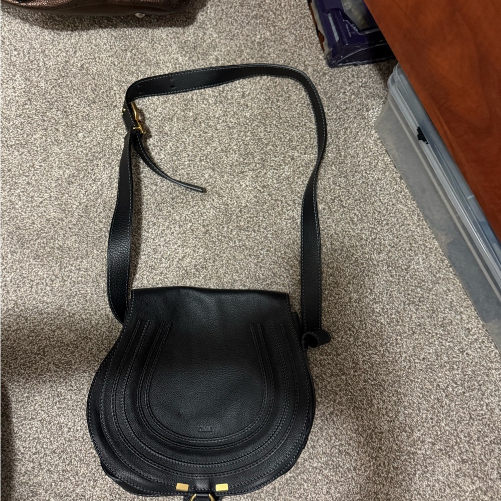 Chloe Marcie Black Crossbody Bag with Gold Details. NEW